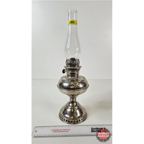 Oil Lamp : Rayo Junior : Nickel Plated  Measures w/Chimney : 17-3/4"H) (NOTE : Dent on Font)