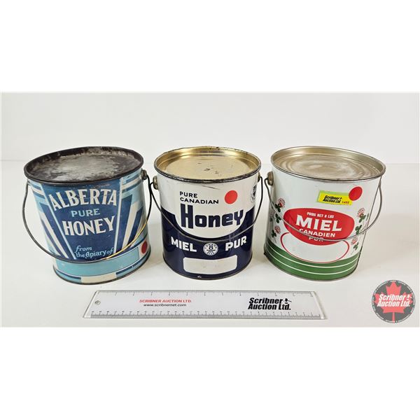 Vintage Honey Tins (3) - Pure Canadian (2) - Alberta Pure (All Measures : 6-1/2"H x 6-1/4"Dia)