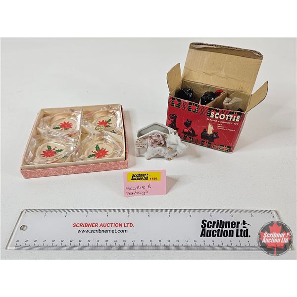 Scottie Ceramic Condiment Set, Scotty Matchbox Holder, & Bohemia Ashtrays Set of 4