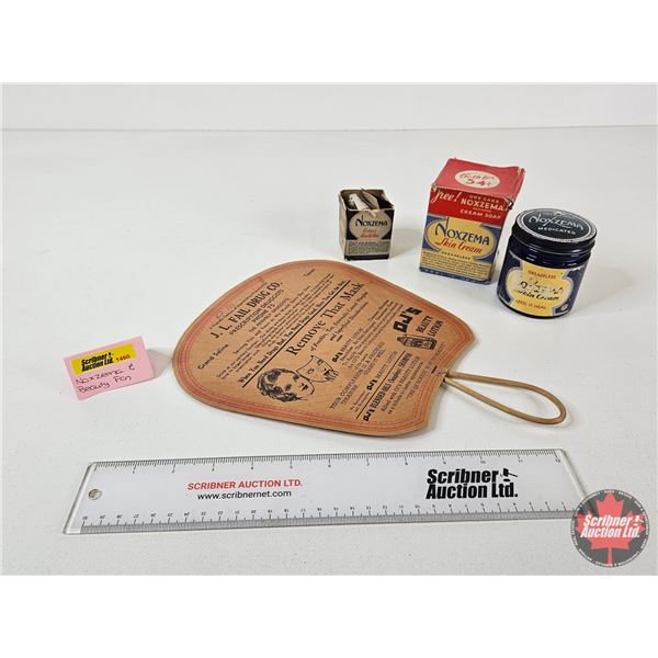 Advertising Hand Fan w/Noxzema Cobalt Blue Jar & Boxes (Fan Measures : 12-1/4"L)