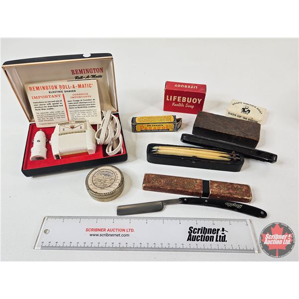 Vintage Shavers Collectors Combo :  - Remington Roll-A-Matic Shaver - Straight Razors (3) - Lifebuoy