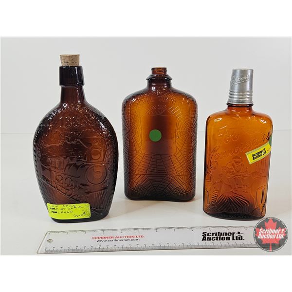 Amber Embossed Bottles (3) : - Four Connoisseurs - Spider Web Motif - Last Spike St. Clair Railroad 