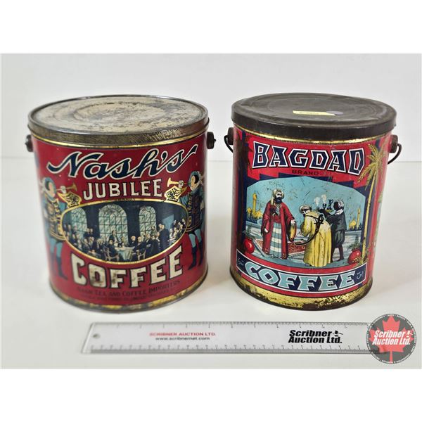Vintage Coffee Cans (2) : - Bagdad - Nash's Jubilee (Largest Measures : 8-1/2"H x 8-1/4"Dia)