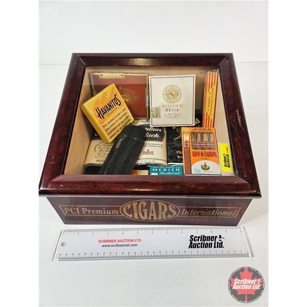 PCI Premium Cigars Glass Top Store Display Box : c/w : Variety of Unopened Tobacco Pouches; Cigars; 