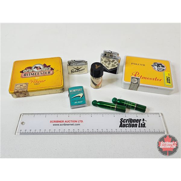 Ritmeester Cigar Tins (2) w/Assortment of Lighters (6) (Tins Measure : 1"H x 5"W x 4-1/2"D)