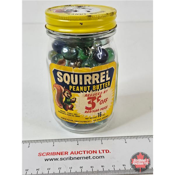 Retro Squirrel Peanut Butter Jar (Paper Label) c/w Marbles