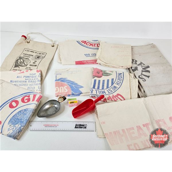 Vintage Group : - Measuring Scoops (2) (Metal) (Plastic) - Flour & Sugar Sacks : (8) - 2 Gallon Sout