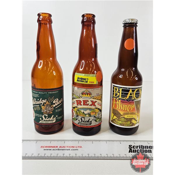 Vintage Beer Bottles w/Paper Labels (3) : - Lethbridge Beer - Rex Pilsner  - Black Pilsner (9"H)