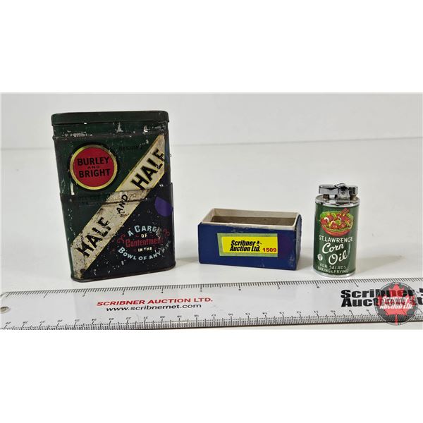 Half and Half Tobacco Telescope Tin & St. Lawrence Corn Oil Promotional Lighter