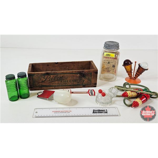 Palm Cheese Wood Box w/ - Mason Jar - Variety of Salt & Pepper Shakers - Texaco Thermometer - Thomas