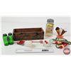Image 1 : Palm Cheese Wood Box w/ - Mason Jar - Variety of Salt & Pepper Shakers - Texaco Thermometer - Thomas