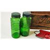 Image 7 : Palm Cheese Wood Box w/ - Mason Jar - Variety of Salt & Pepper Shakers - Texaco Thermometer - Thomas
