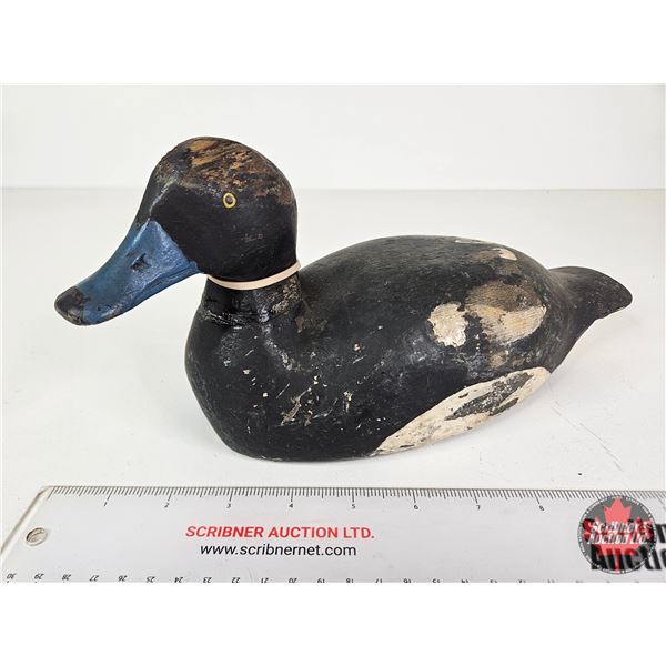 Wooden Duck Decoy (Consignor Tag - Working Blue Bill Drake c. 1950)  (Measures : 5-1/4"H x 5"W x 13"
