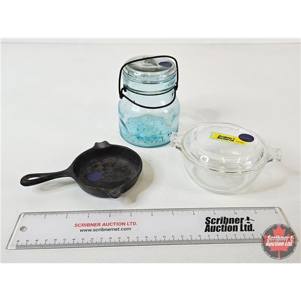 Combo:  - Small Pyrex Dish w/Lid - Atlas Sealer Jar - Wagner Cast Iron Ashtray Skillet