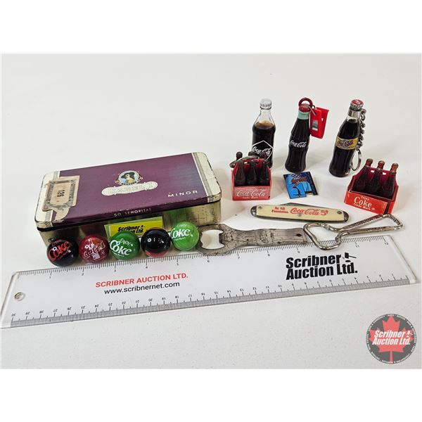 "Karel I" Cigar Tin w/Coca-Cola Collector Items : Key Chains ; Bottle Openers; Pocket Knife; Marbles