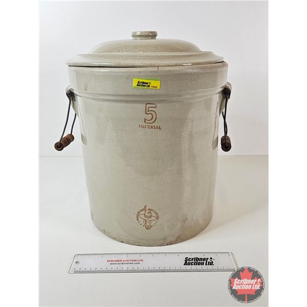Medicine Hat Potteries : 5 Gallon Crock w/Lid : Sleepy Indian (Note : Hairline Crack In Lid) (Measur