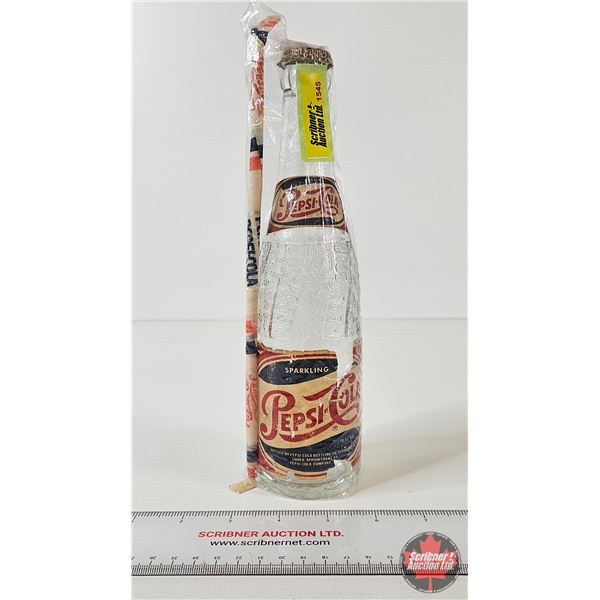 Vintage Pepsi-Cola Bottle w/Cap & Pepsi Straw : Paper Label (Bottle: 9-3/4"H)