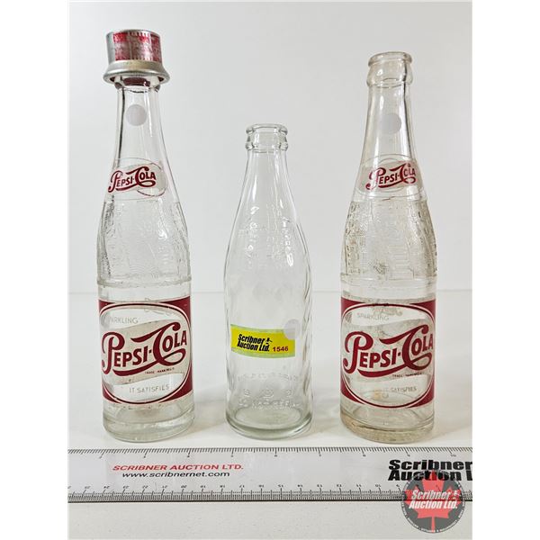 Vintage Pepsi-Cola Bottles (3) : w/Pop Shoppe Resealable Cap (Tallest Measures : 9"H)