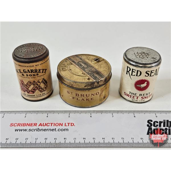 Vintage Paper Label Tobacco Tin Trio : - St. Bruno Flake Tobacco Can  - W.E. Garrett & Sons Snuff (U