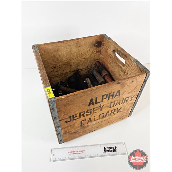 Wooden Crate w/Variety of Insulators & Pegs (24 pcs Total including Crate) Crate "Alpha Jersey Dairy