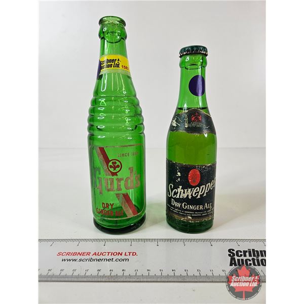Vintage Ginger Ale Bottles (2) - Gurd's ACL Label  - Schweppes (Paper Label) (Full) (Tallest Measure