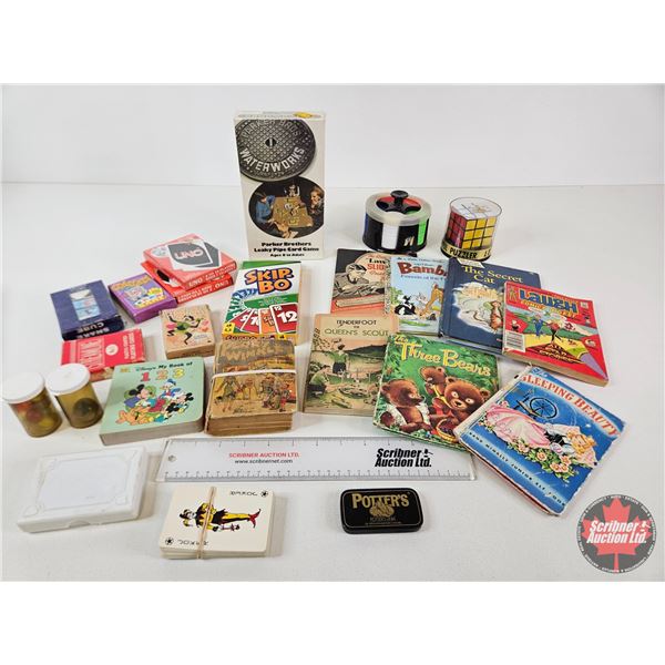 Vintage Game & Book Combo : Rubix Cube; Card Games; Poker Chips; Parker Bros. Waterworks; Variety of