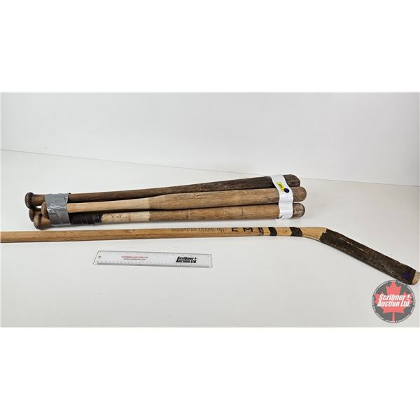 Wooden Baseball Bats (5) & Hockey Stick (1) (Hockey Stick Measures : 61"L)