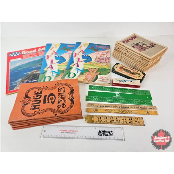 Back to School : Unused Old Stock Lined Scribblers (17); Rulers; Geometry Set; Victory Harmonica; Co