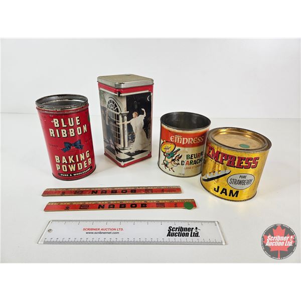 Variety of Tins (4) : Blue Ribbon Baking Powder; Empress Jam; Empress Peanut Butter; Ritz Crackers a