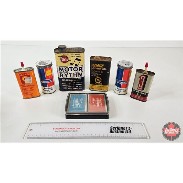 Group :  - Small Oil Tins : Whiz; Motor Rhythm; Loosen-All - Playing Cards - Rubber Repair Kits : BF