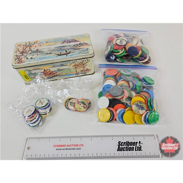 Biscuit Tin w/Jello Pogs : Airplanes; Cars; Dogs; Football; etc