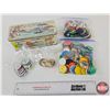 Image 1 : Biscuit Tin w/Jello Pogs : Airplanes; Cars; Dogs; Football; etc
