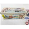 Image 6 : Biscuit Tin w/Jello Pogs : Airplanes; Cars; Dogs; Football; etc