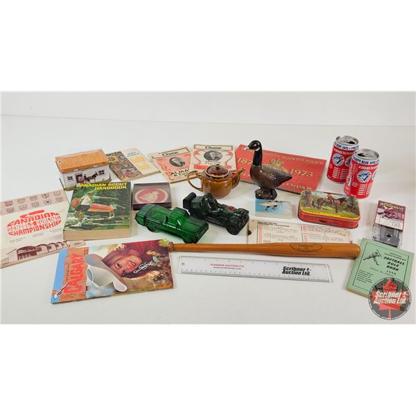 Collector Combo : Blue Jays Coke Cans; RCMP Centennial Calendar; Mini Baseball Bat; Canadian Scouts 