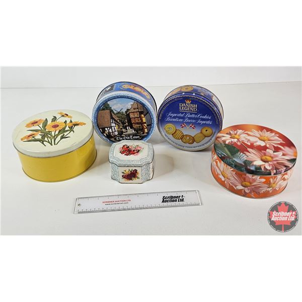 Biscuit Tins (5) (Largest Measures : 4"H x 8-1/2"Dia)