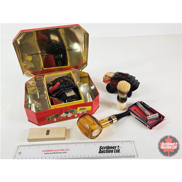 Biscuit Tin w/Avon Cologne; Razor; Lint Brush; Massager; etc.
