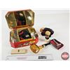 Image 1 : Biscuit Tin w/Avon Cologne; Razor; Lint Brush; Massager; etc.