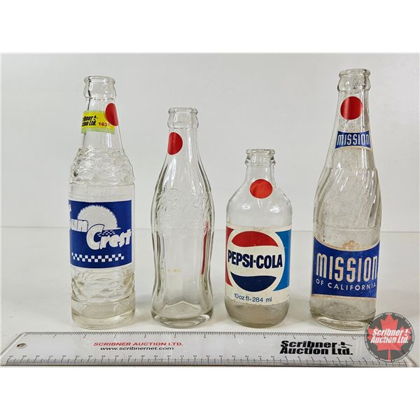 Vintage Pop Bottles (4) : Coca-Cola; Sun Crest; Pepsi; Mission California (Tallest : 9"H)