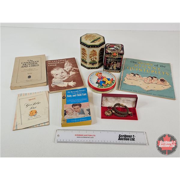 Group : Victorian Mourning Pocket Watch Chain; Vintage Baby Books: Biscuit Tins