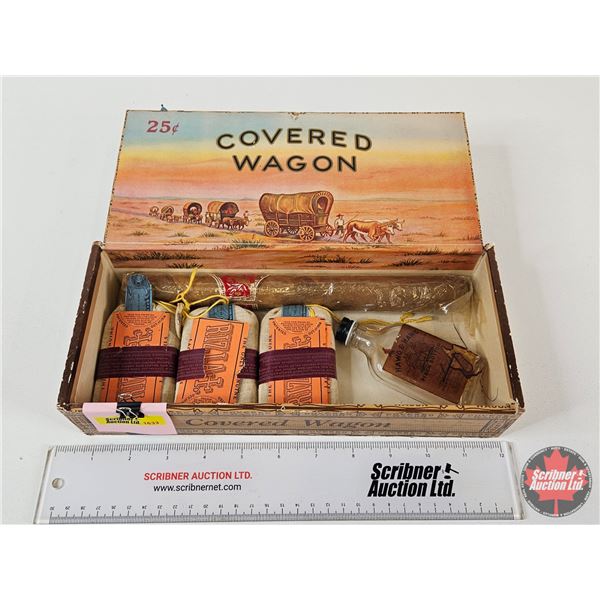 Covered Wagon Cigar Box w/Cigar; Durham Tobacco Pouches (3); Novelty Bottle