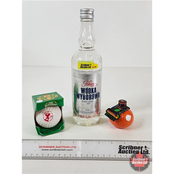 Drinkers Combo : Vintage Polmos "Wodka" Bottle "For Free Zones Only"; Old St. Andrews Golf Ball Bott