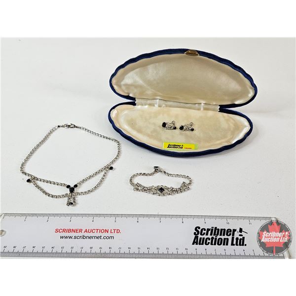 Vintage Costume Jewelry : Rhinestones : Necklace; Bracelet; Earrings c/w Case