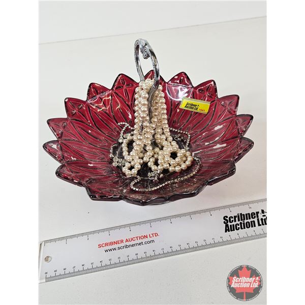 Carnival Glass Fruit Bowl w/Costume Jewelry : Earrings & Necklaces (Bowl Measures : 10"Dia)