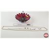 Image 3 : Carnival Glass Fruit Bowl w/Costume Jewelry : Earrings & Necklaces (Bowl Measures : 10"Dia)