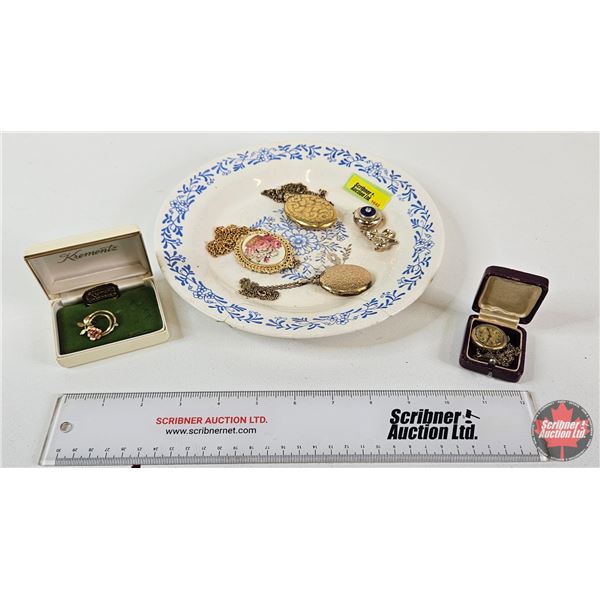 Vintage Floral Design Plate (Crack) w/Jewelry : Lockets (3); Necklace; Pendant Watch; Vintage Kremen