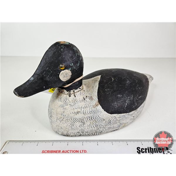 Wooden Duck Decoy (Consignor Tag - Working Whistler Drake c. 1950)  (Measures : 6"H x 6"W x 14"L)