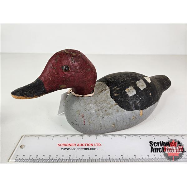 Wooden Duck Decoy (Consignor Tag - Working Red Head Glass Eyes 1920's)  (Measures : 6"H x 5"W x 14"L