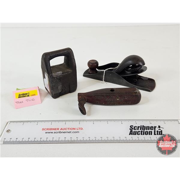 Tool Trio :  - Marco Flat Steel Tape Winder Handle - 2-1/2 lb Cast Weight - Stanley No.120 Plane