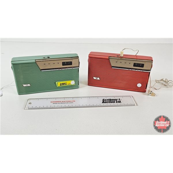 Vintage Sony Model Gendis Transistor Radios (2) : (Work) : Green & Pink : c/w Ear Phone (Both Measur