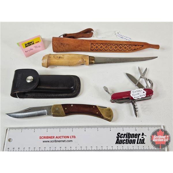 Knife Trio : - J. Marttiini Filleting Knife (10-1/2"L) - Schrade Folding Knife - Swiss Army Knife